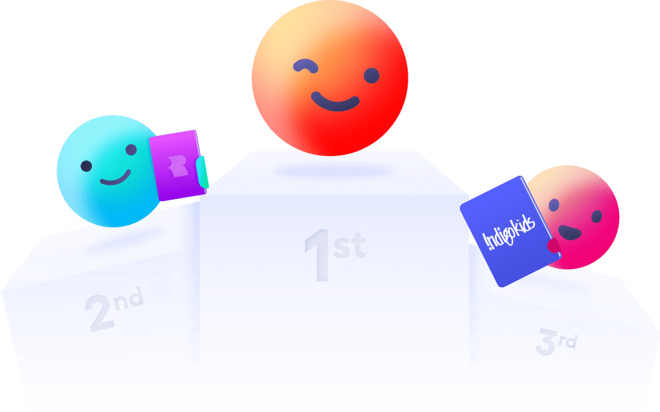 An illustration of three colorful, happy faces standing on a podium. The blue face on the left is holding a purple book with the Rally Reader logo on it, the orange face in the center is winking, and the red face on the right is holding a blue book with the Indigo Kids logo on it.